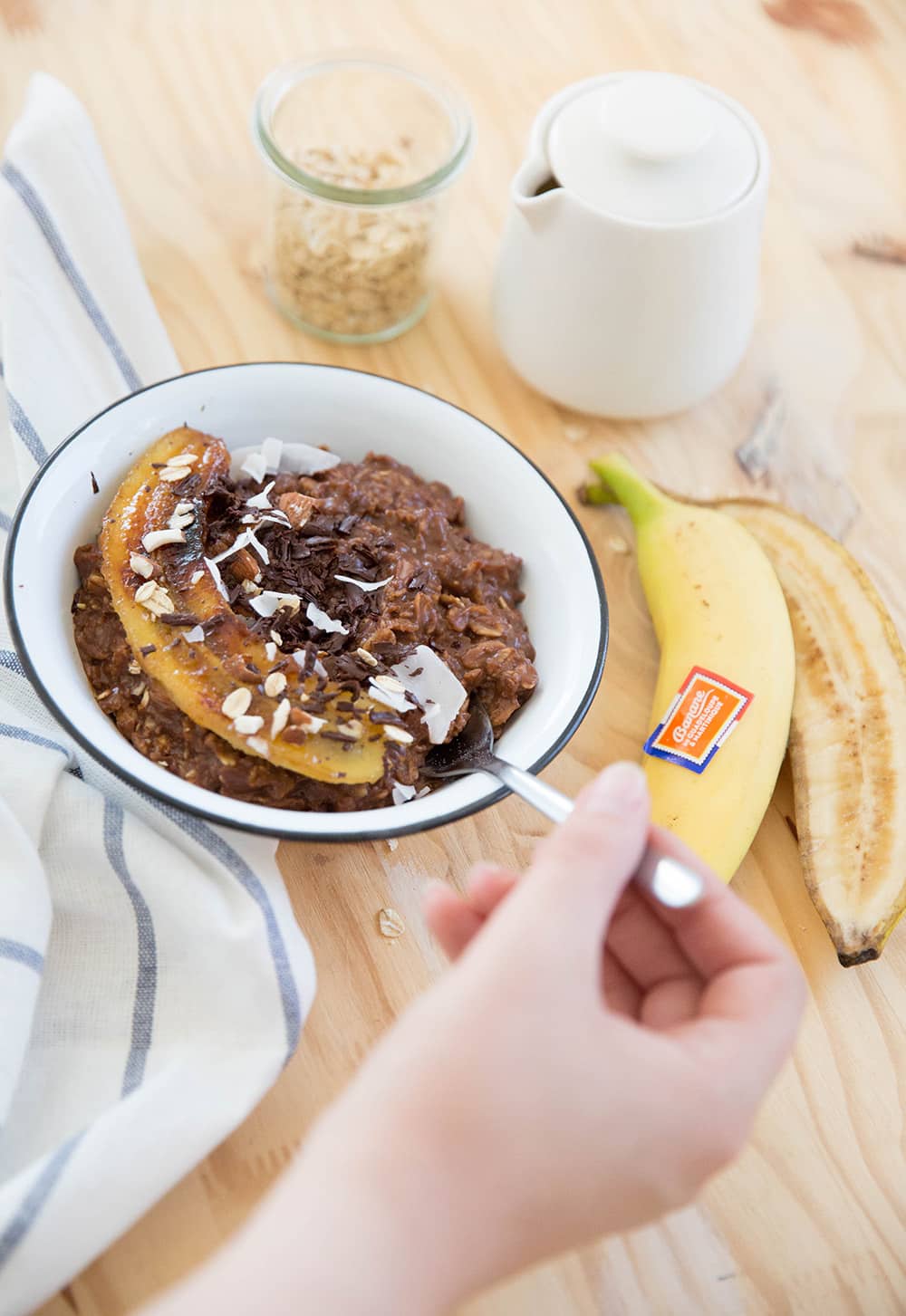 Porridge banane caramélisée chocolat noisette